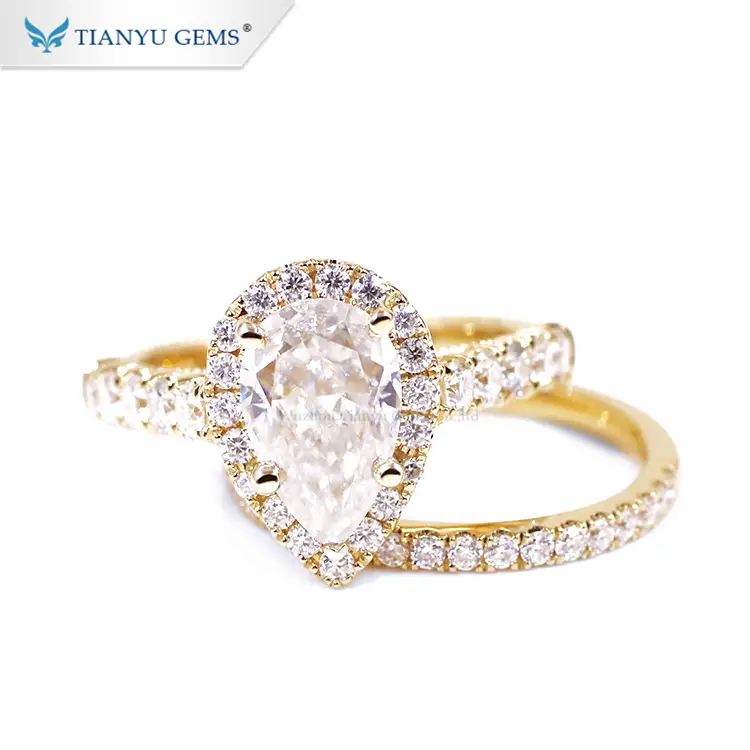 Tianyu gems 14k yellow gold pear shape ice cut moissanite engagement ring set 1
