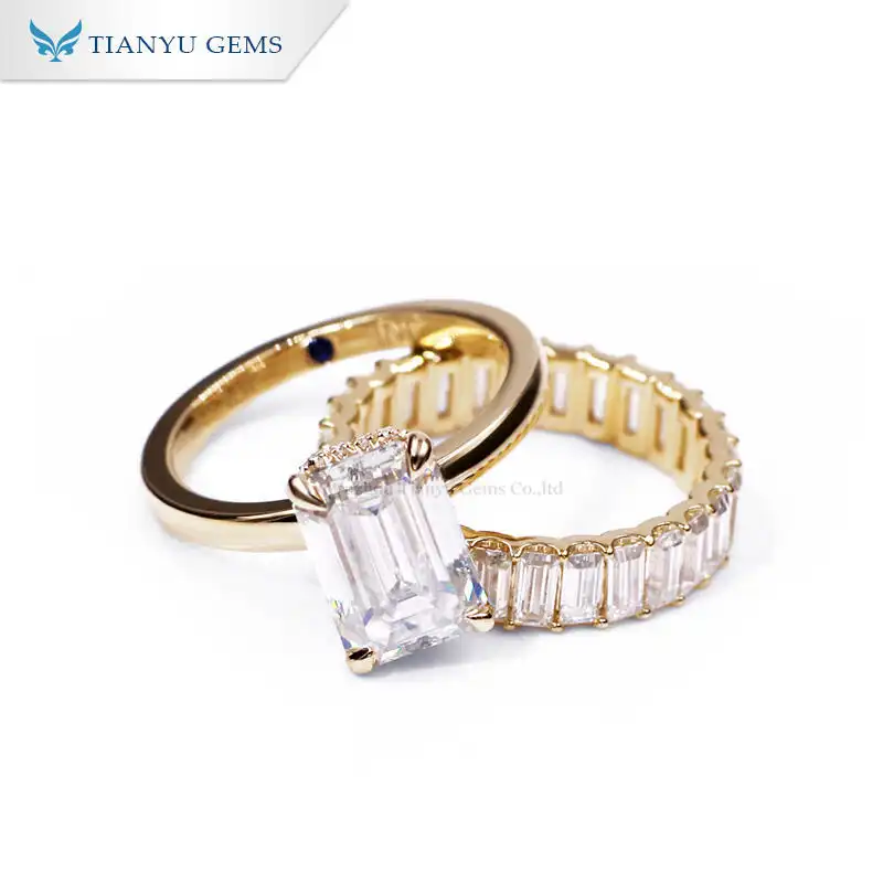 Tianyu gems emerald cut moissanite diamonds pure 14k gold Cocktail ring set 1