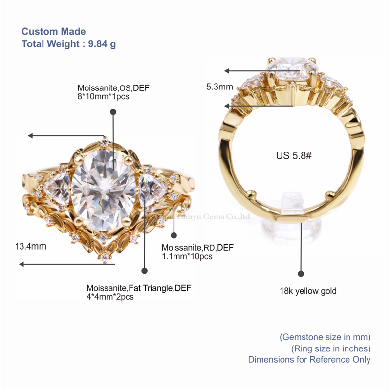 Tianyu Gems Oval Trillion Moissanite Diamond Wedding Ring Set 18k Yellow Gold Engagement Ring Set 5