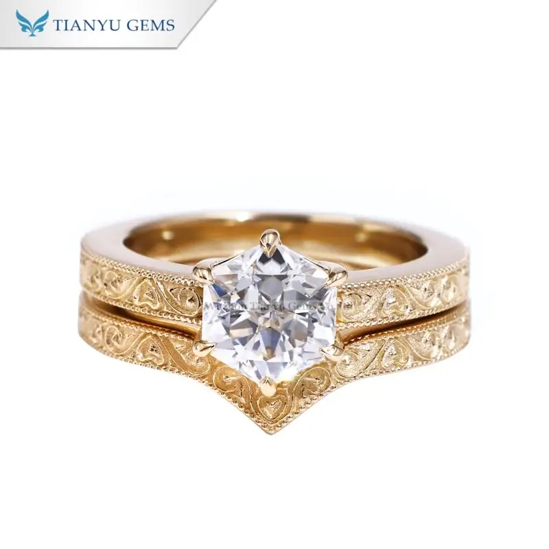 Tianyu Gems Hexagon Cut Moissanite Vintage Carving Ring Set 14k Yellow Gold Engagement Wedding Ring 1