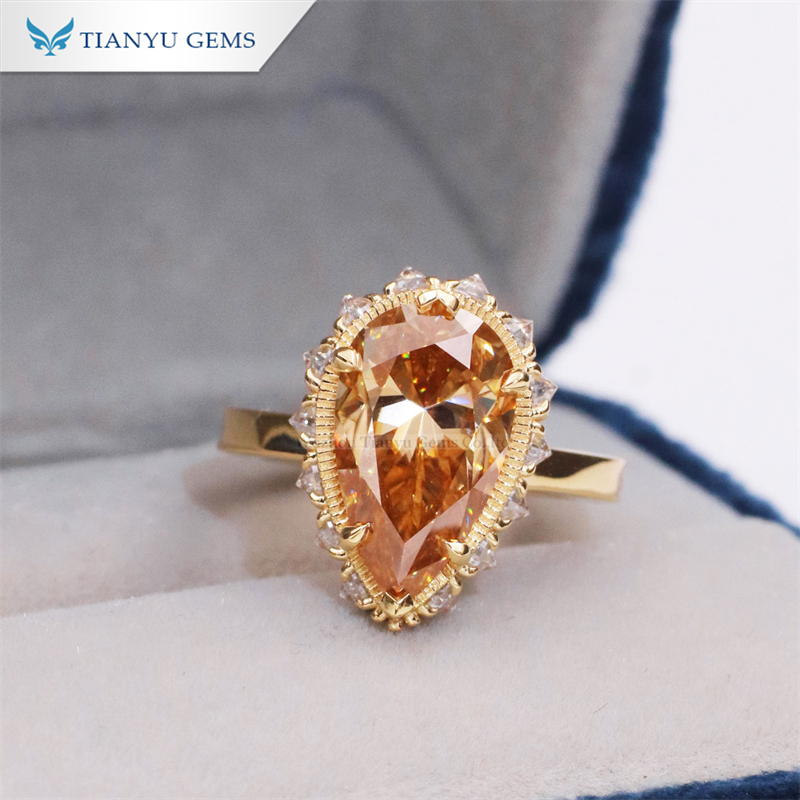 Tianyu Gems 18k Yellow Gold Pear Cut Champagne Moissanite Diamond Ring Ladies Wedding Ring 2