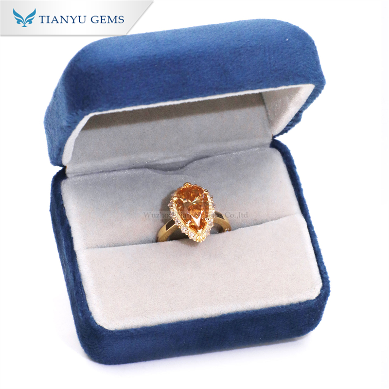 Tianyu Gems 18k Yellow Gold Pear Cut Champagne Moissanite Diamond Ring Ladies Wedding Ring 7