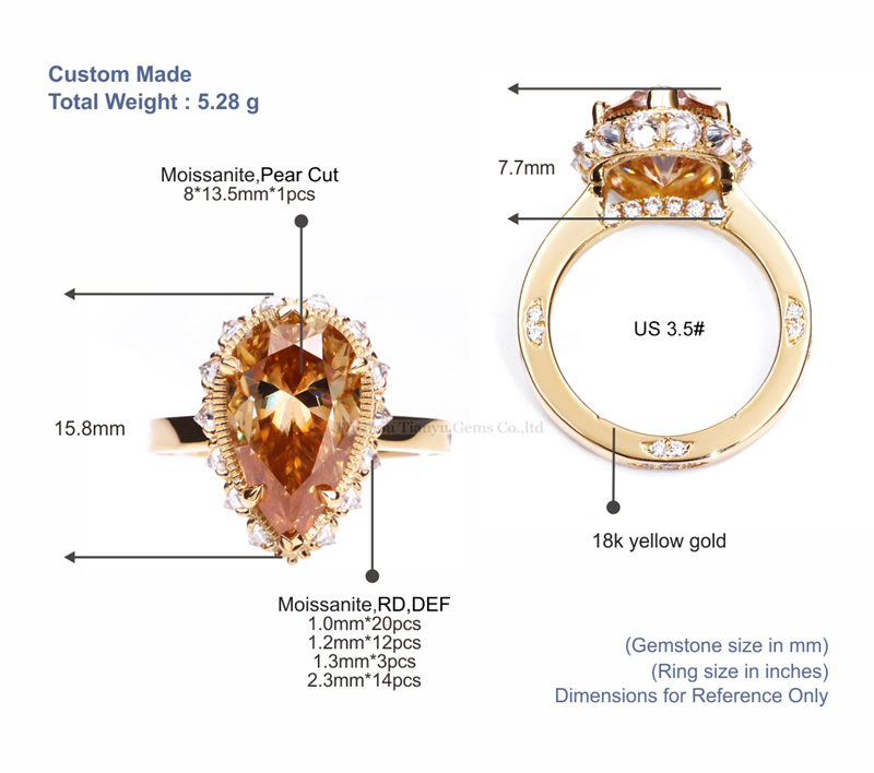 Tianyu Gems 18k Yellow Gold Pear Cut Champagne Moissanite Diamond Ring Ladies Wedding Ring 5