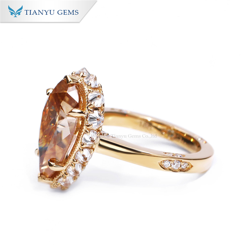 Tianyu Gems 18k Yellow Gold Pear Cut Champagne Moissanite Diamond Ring Ladies Wedding Ring 6