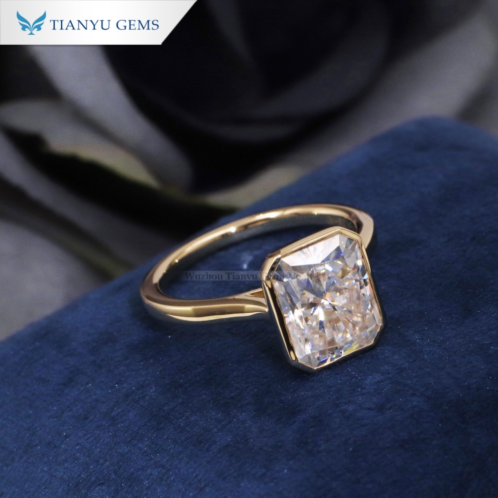 Tianyu Gems Yellow Gold Moissanite Diamond Engagement Ring 14k Gold Bezel Set Solitaire Ring 3
