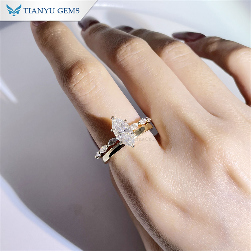 Tianyu Gems 14k Ring Set Moissanite Diamond Bridal Set Marquise Wedding Set Yellow Gold 4
