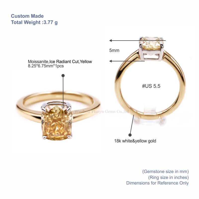 Tianyu Gems lce Radiant Cut Yellow Moissanite Engagement Ring 18k White&Yellow Gold Ring 5