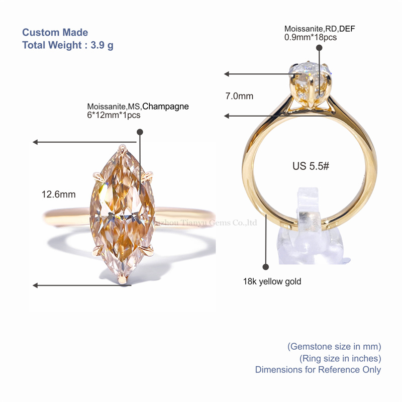 Tianyu Gems Marquise Engagement Ring Champagne Moissanite Yellow Gold Women's Ring 5