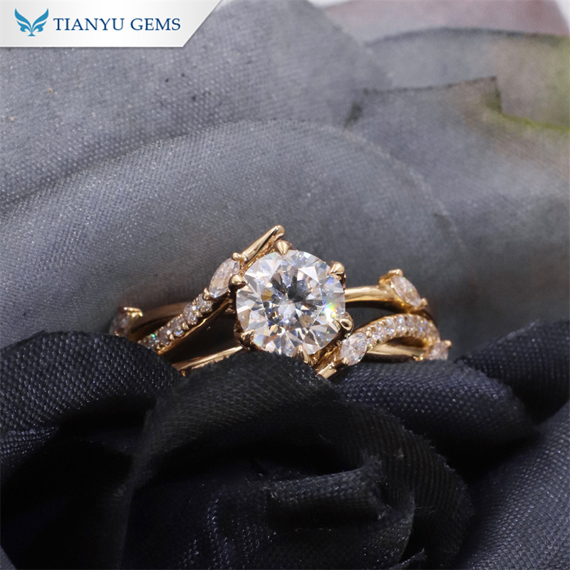 Tianyu Gems Round Vine Yellow Gold Ring 14k Moissanite Vine Engagement Ring 2