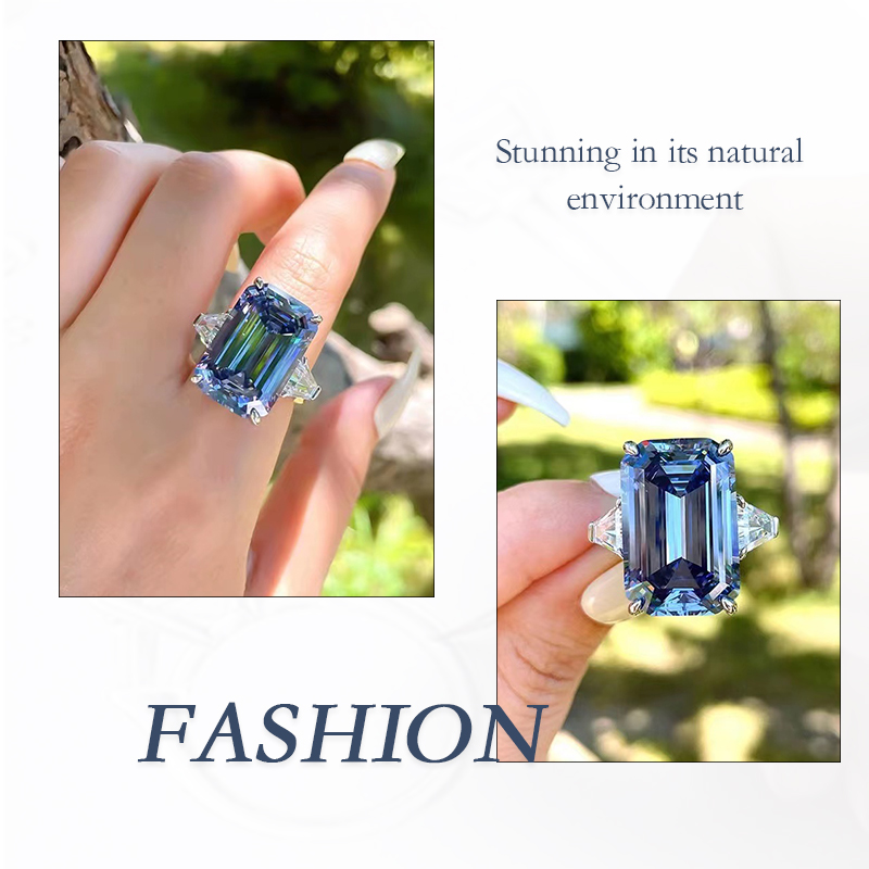 Emerald Cut Blue Moissanite Diamond Ring - Classic 4-Prong Style 4