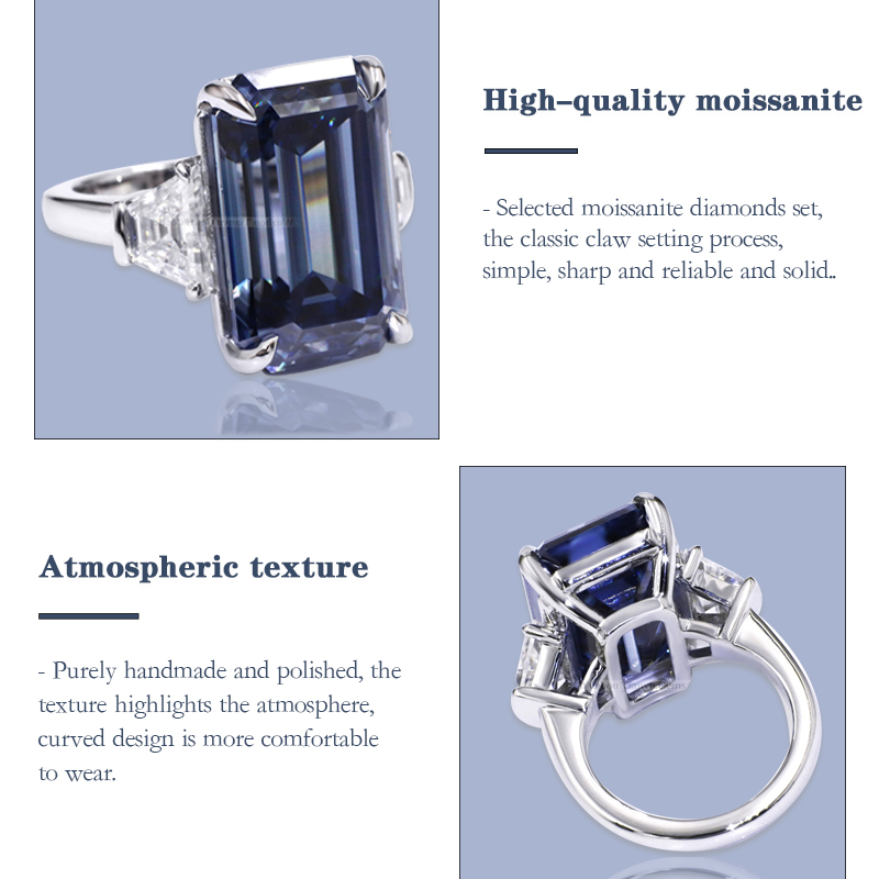 Emerald Cut Blue Moissanite Diamond Ring - Classic 4-Prong Style 2