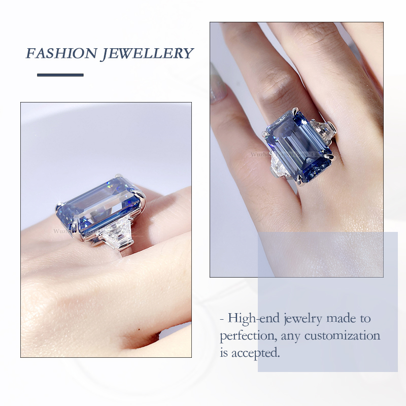 Emerald Cut Blue Moissanite Diamond Ring - Classic 4-Prong Style 3