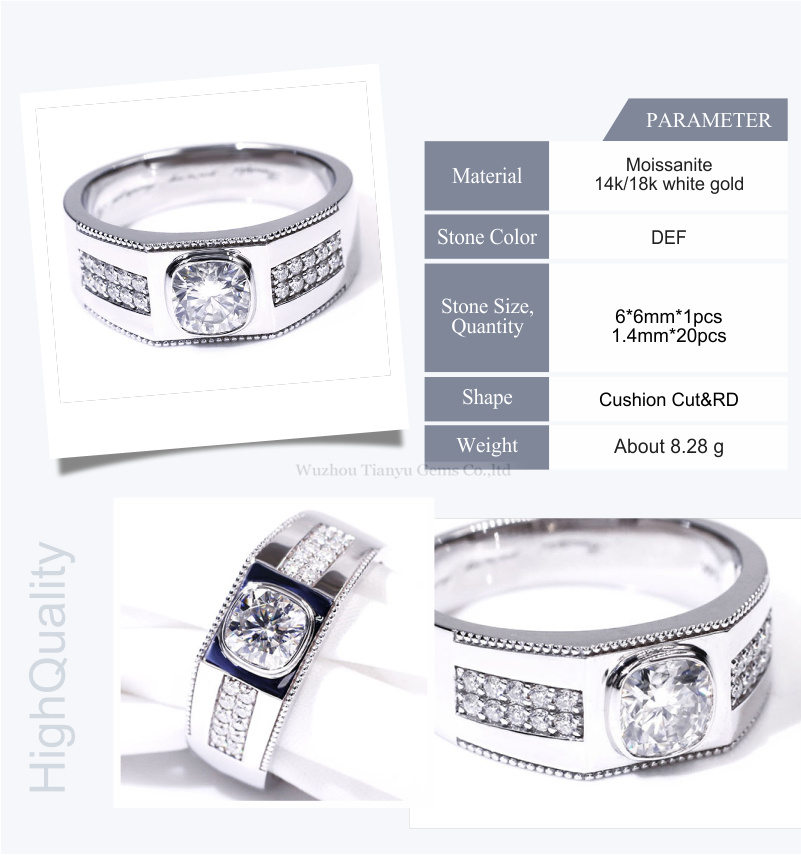 Tianyu gems cushion cut moissanite 1ct white gold material wedding ring for men