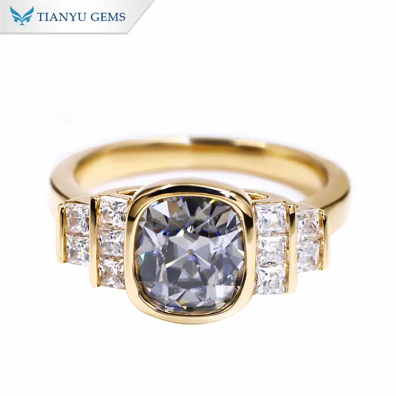Tianyu Gems Cushion Cut Gray Moissanite Ring 14K Yellow Gold Engagement Ring 1