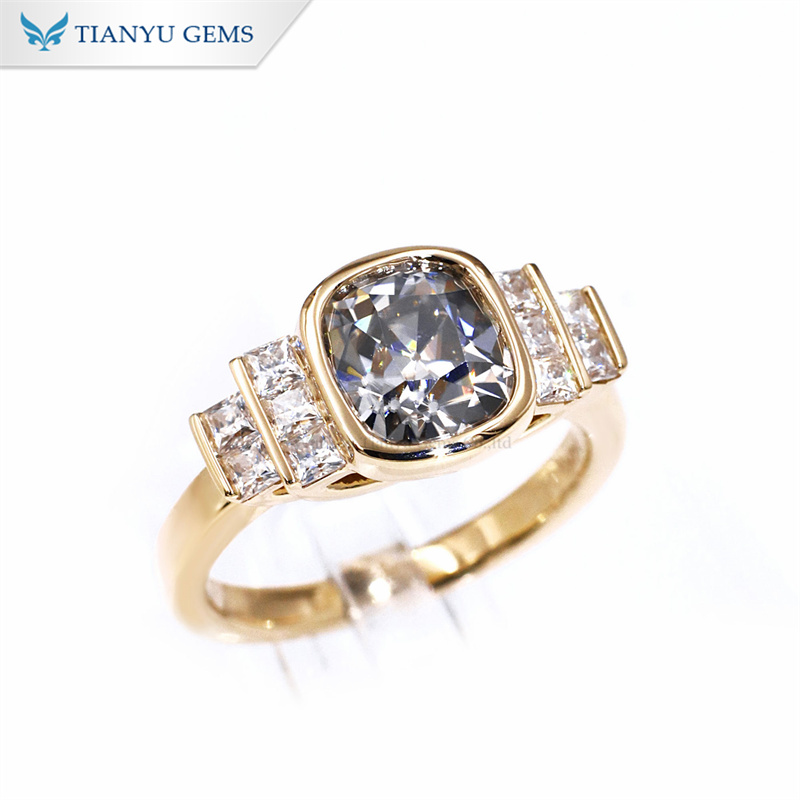 Tianyu Gems Cushion Cut Gray Moissanite Ring 14K Yellow Gold Engagement Ring 3