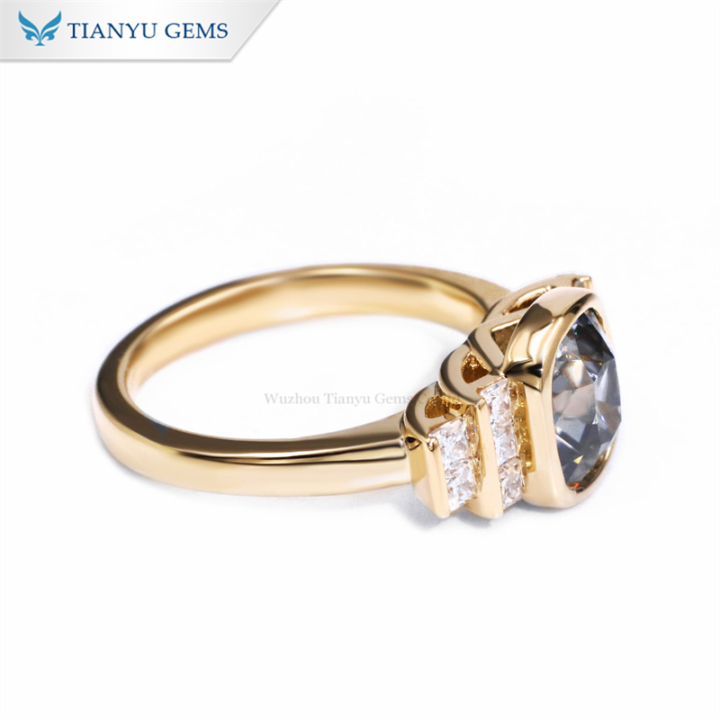 Tianyu Gems Cushion Cut Gray Moissanite Ring 14K Yellow Gold Engagement Ring 6