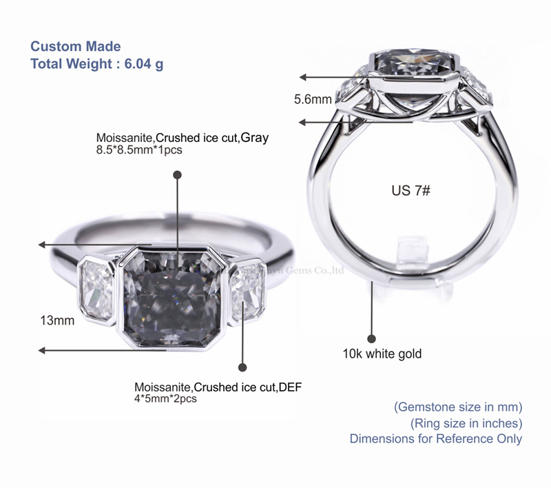 Singsing na Moissanite na may Dinurog na Yelo na may Gilid na Tianyu Gems na may 8.5x8.5mm na Singsing na Tatlong-Batong Moissanite na may Kulay Abo 5
