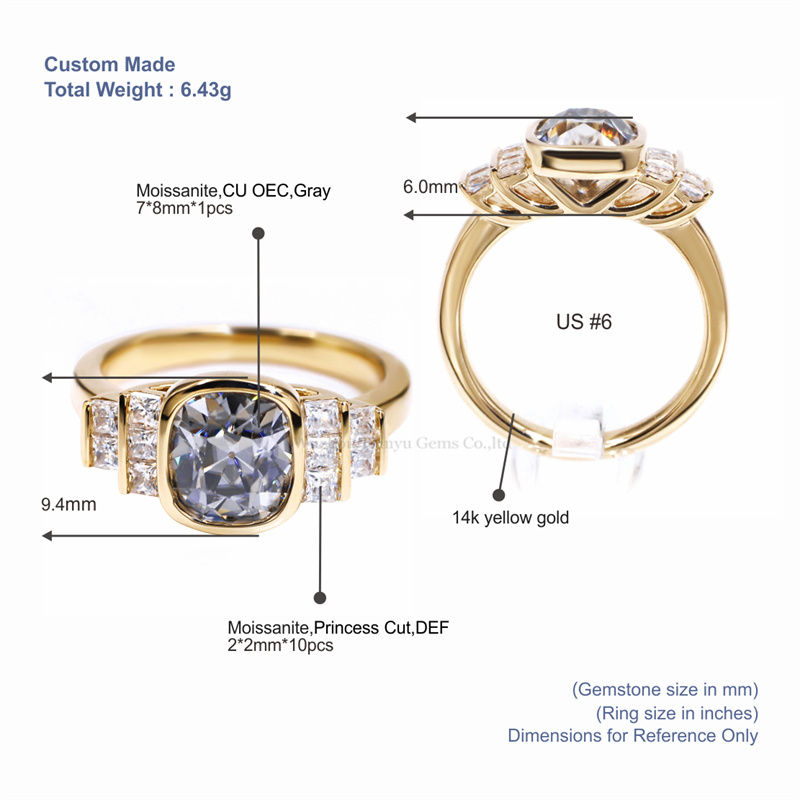 Tianyu Gems Cushion Cut Gray Moissanite Ring 14K Yellow Gold Engagement Ring 5