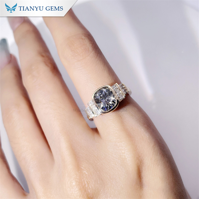 Tianyu Gems Cushion Cut Gray Moissanite Ring 14K Yellow Gold Engagement Ring 4