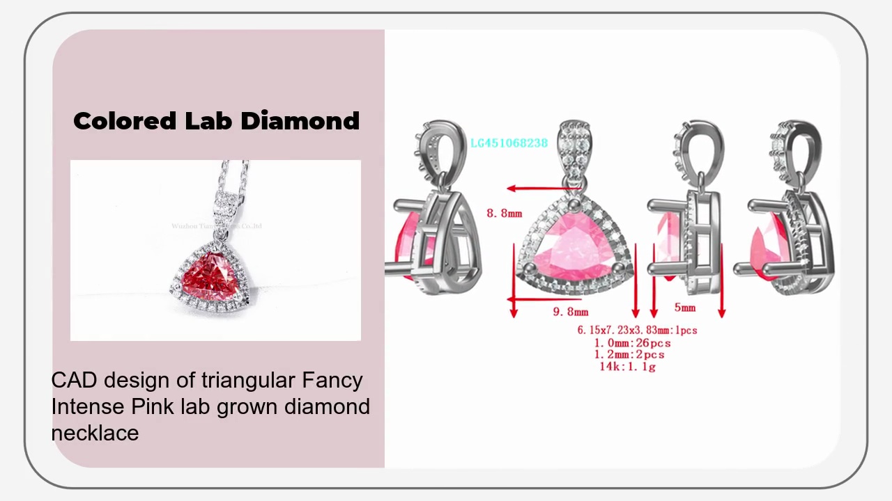 CAD design of triangular Fancy .Intense Pink lab grown diamond .necklace.Colored Lab Diamond.