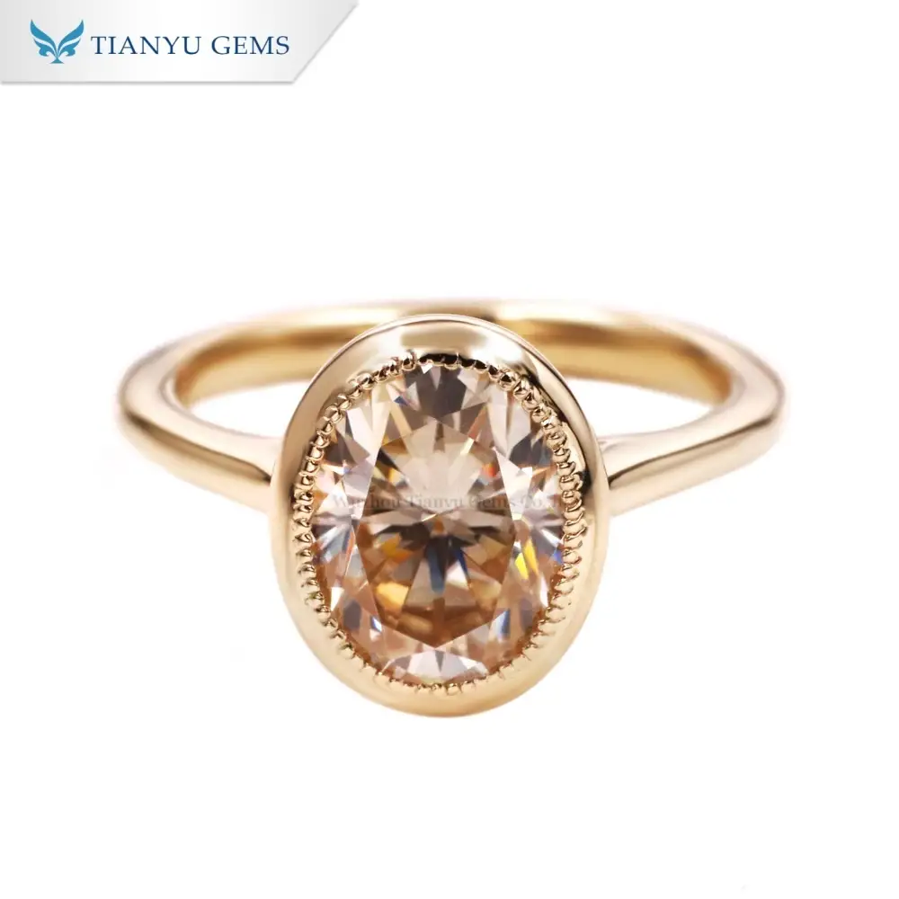 Tianyu Gems Oval Cut Champagne Moissanite Solitaire Ring 10k Yellow Gold Bezel Engagement Ring 1