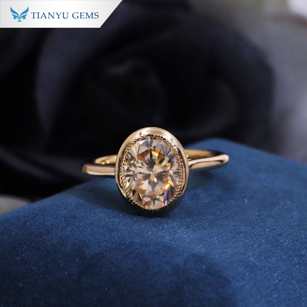 Tianyu Gems Oval Cut Champagne Moissanite Solitaire Ring 10k Yellow Gold Bezel Engagement Ring 2