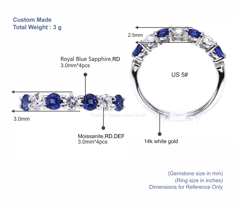 Tianyu Gems 3mm Round Cut Royal Blue Sapphire Ring Moissanite Eternity Band 5