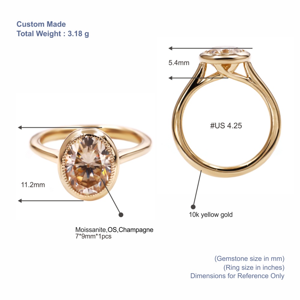 Tianyu Gems Oval Cut Champagne Moissanite Solitaire Ring 10k Yellow Gold Bezel Engagement Ring 5