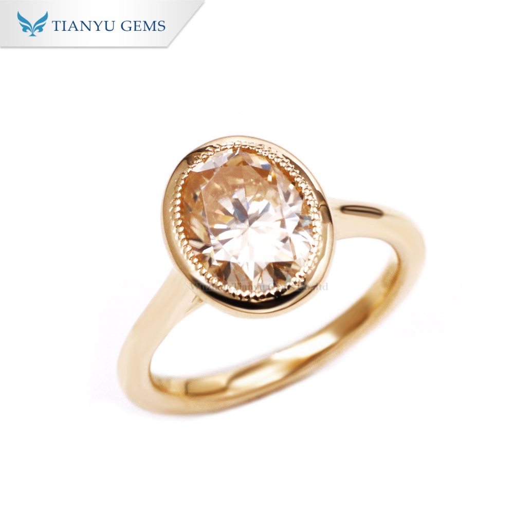 Tianyu Gems Oval Cut Champagne Moissanite Solitaire Ring 10k Yellow Gold Bezel Engagement Ring 6