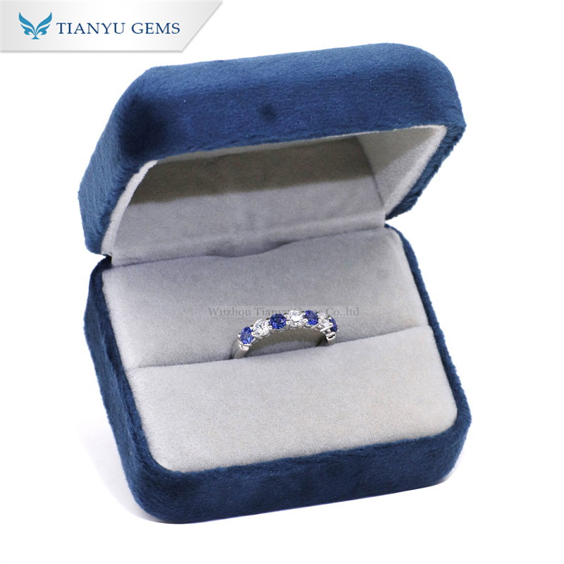 Tianyu Gems 3mm Round Cut Royal Blue Sapphire Ring Moissanite Eternity Band 7