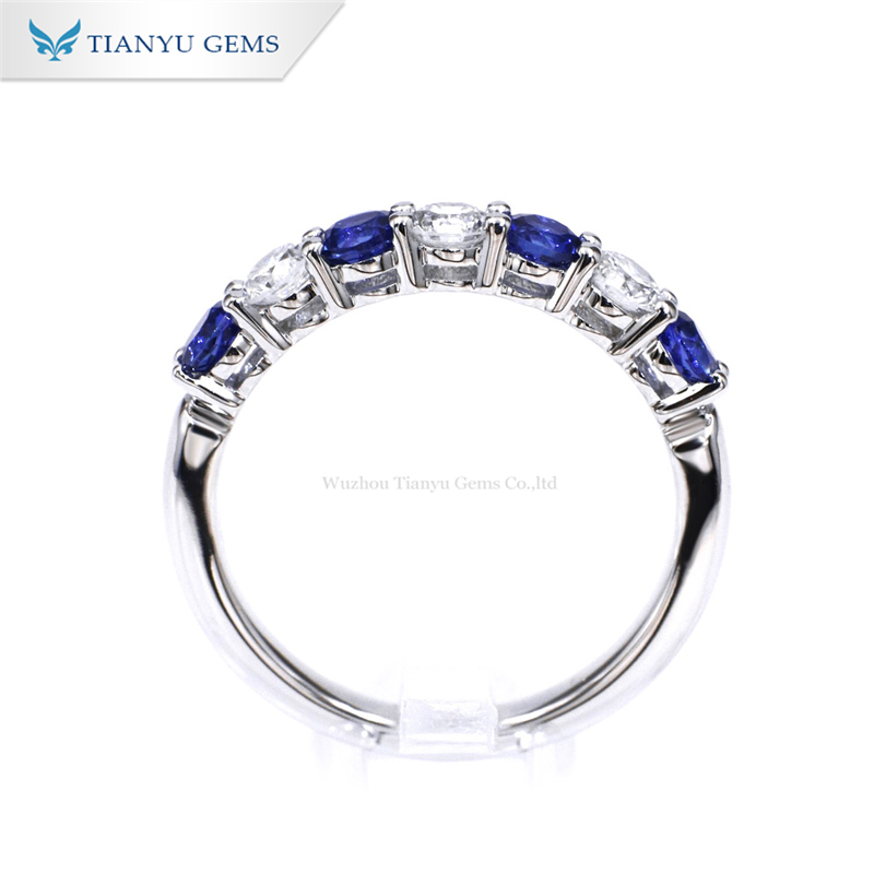 Tianyu Gems 3mm Round Cut Royal Blue Sapphire Ring Moissanite Eternity Band 3
