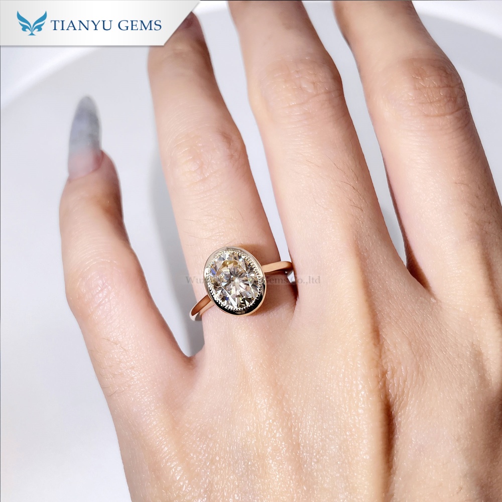 Tianyu Gems Oval Cut Champagne Moissanite Solitaire Ring 10k Yellow Gold Bezel Engagement Ring 4