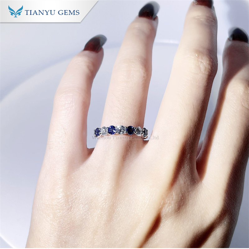 Tianyu Gems 3mm Round Cut Royal Blue Sapphire Ring Moissanite Eternity Band 4