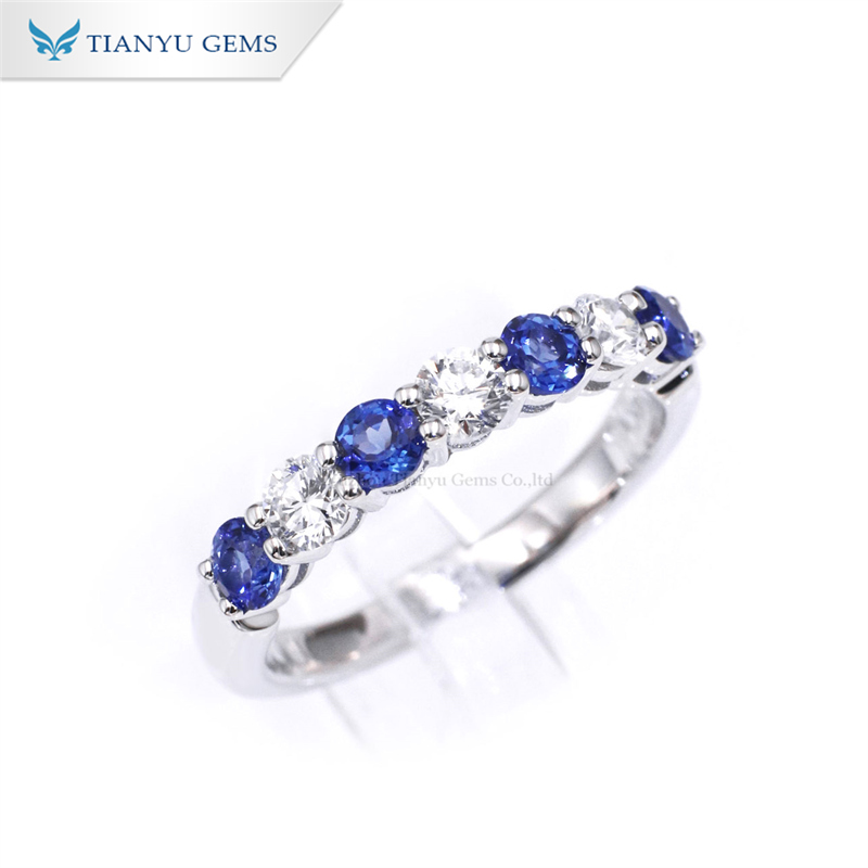 Tianyu Gems 3mm Round Cut Royal Blue Sapphire Ring Moissanite Eternity Band 6