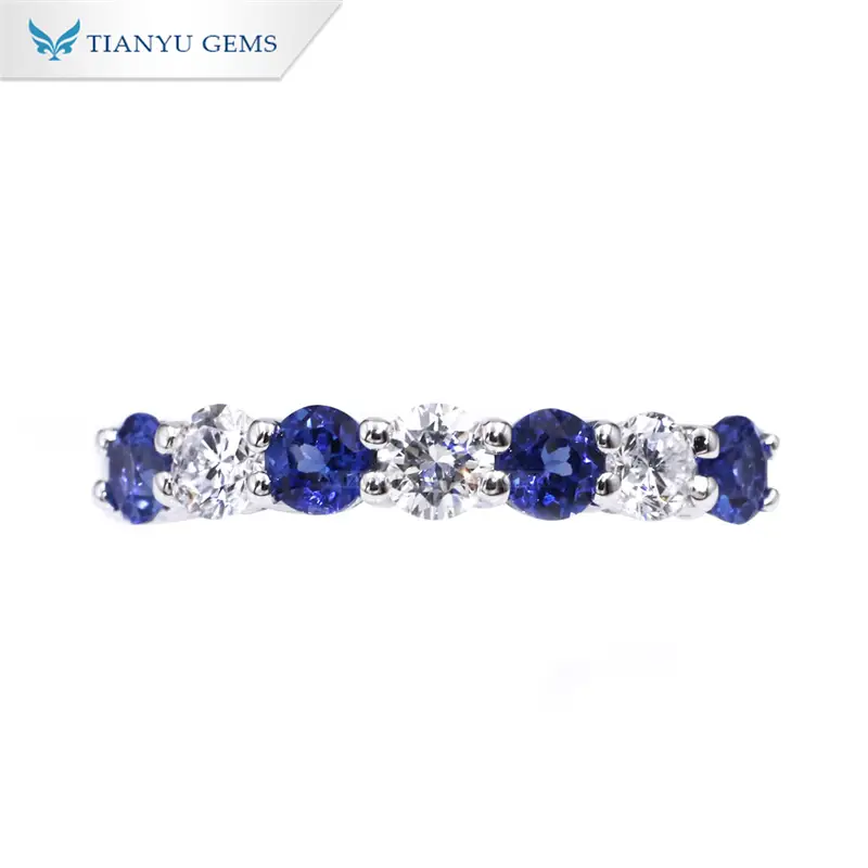 Tianyu Gems 3mm Round Cut Royal Blue Sapphire Ring Moissanite Eternity Band 1