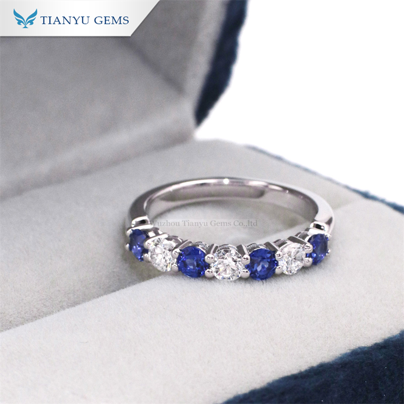Tianyu Gems 3mm Round Cut Royal Blue Sapphire Ring Moissanite Eternity Band 2