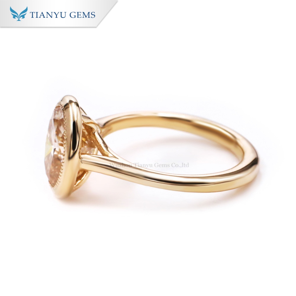Tianyu Gems Oval Cut Champagne Moissanite Solitaire Ring 10k Yellow Gold Bezel Engagement Ring 3