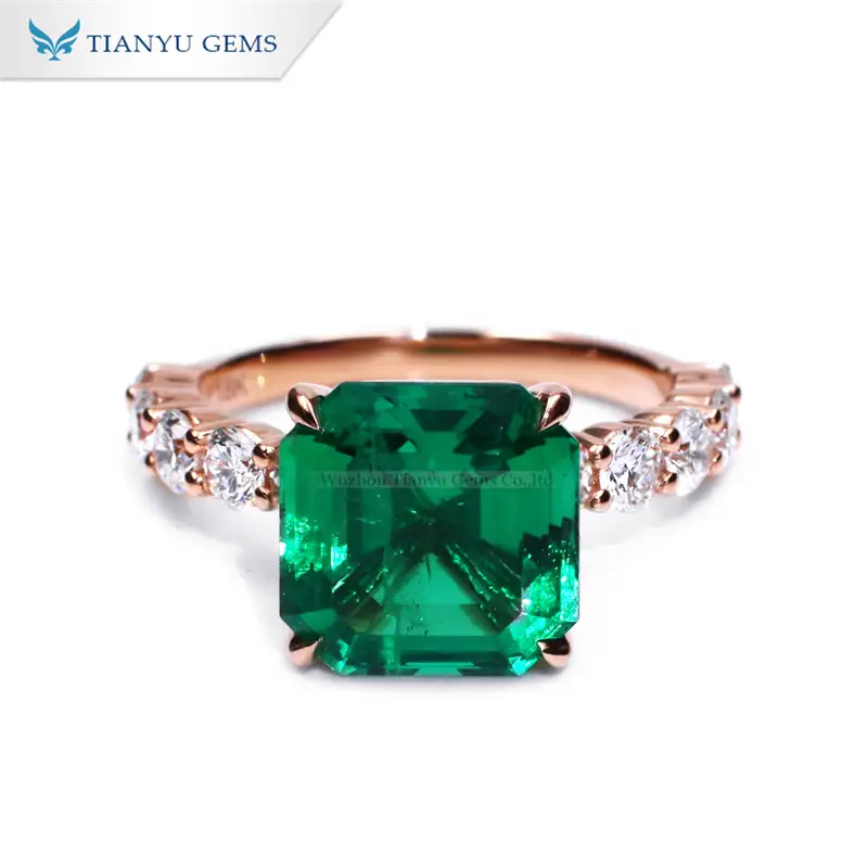 Quality Tianyu Gems Synthetic Emerald Asscher Cut Ring 14K Gold Lab Grown Emerald Ring 1