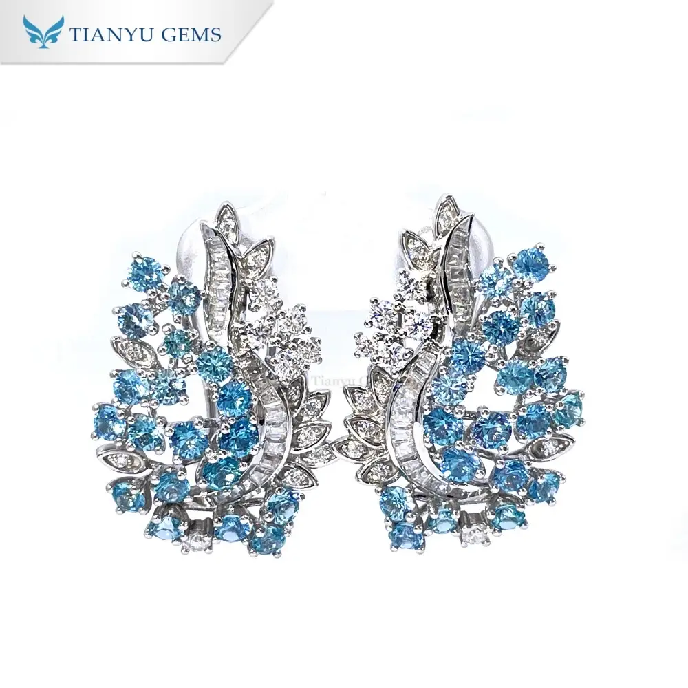 Orecchini Tianyu Gems con moissanite e diamanti in oro bianco 14 carati e paraiba blu 1