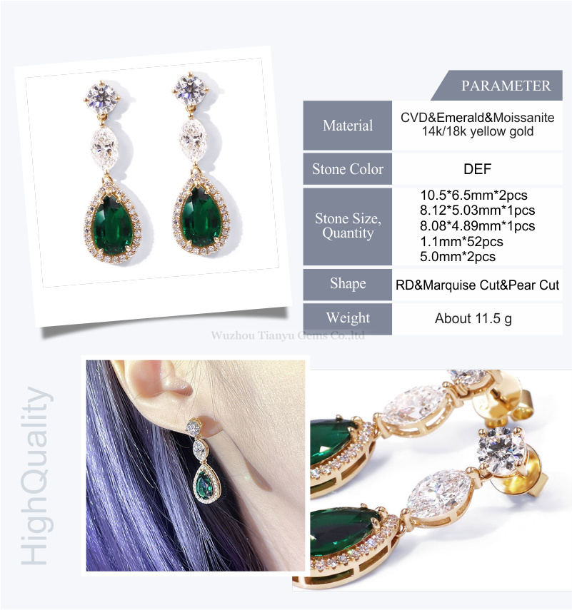 Tianyu gems Pear Lab Emerald Colorless Lab Grown Diamond Charm Earring 8