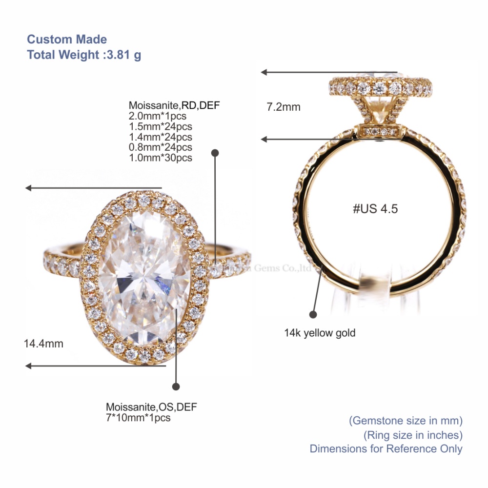 Pierścionek zaręczynowy Tianyu Gems Oval Cut Halo z 14-karatowego żółtego złota z diamentem Moissanite 5