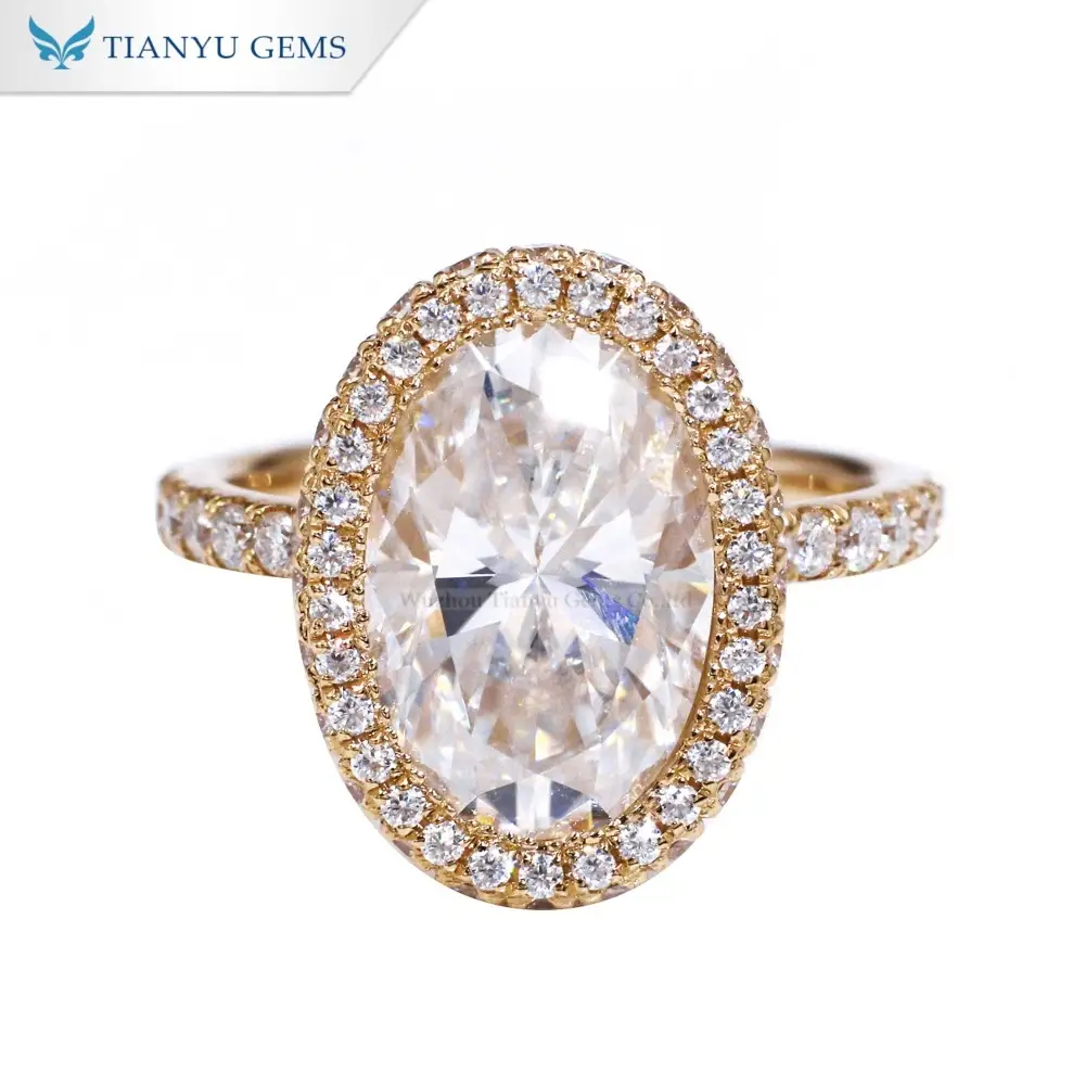 Pierścionek zaręczynowy Tianyu Gems Oval Cut Halo z 14-karatowego żółtego złota z diamentem Moissanite 1