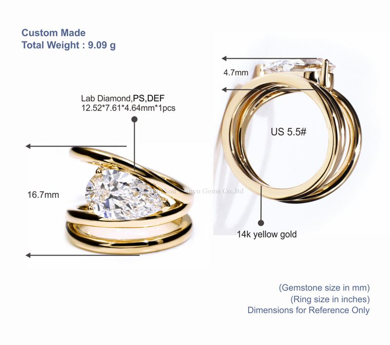 Tianyu Gems Pear Shaped Lab Grown Diamond Spiral Ring 14K Yellow Gold Ring 5