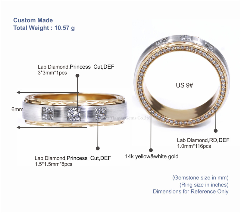 Tianyu Gems Brushed 14k 2-Tone Gold Wedding Band Lab Grown Diamond Mens Ring 5