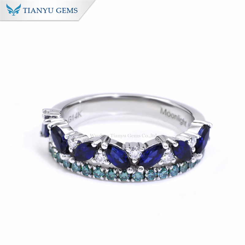 Tianyu Gems 14k Gold Marquise Royal Blue Sapphires Ring Green Moissanite Diamond Ring 2