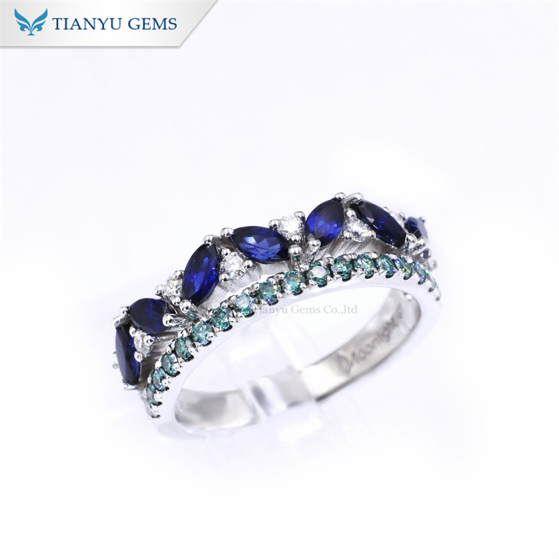 Tianyu Gems 14k Gold Marquise Royal Blue Sapphires Ring Green Moissanite Diamond Ring 6