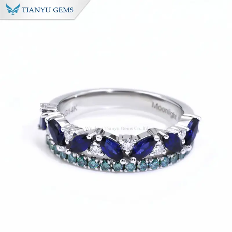 Tianyu Gems 14k Gold Marquise Royal Blue Sapphires Ring Green Moissanite Diamond Ring 1