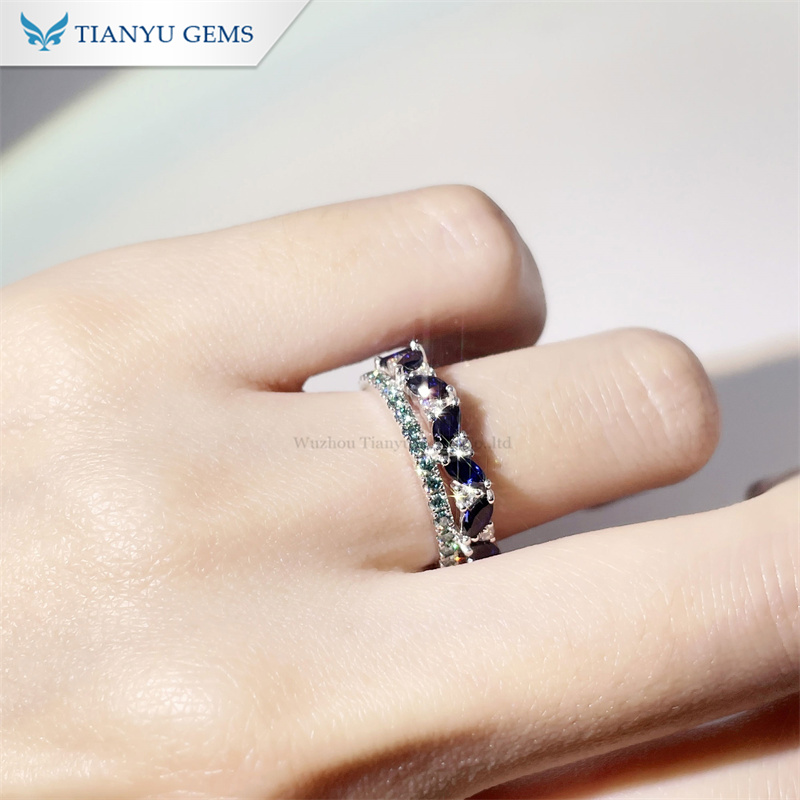 Tianyu Gems 14k Gold Marquise Royal Blue Sapphires Ring Green Moissanite Diamond Ring 4