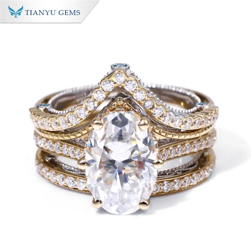 Tianyu Gem gold jewelry wholesale vendors oval cut moissanite diamonds 14k\18k yellow and white gold ring set 1