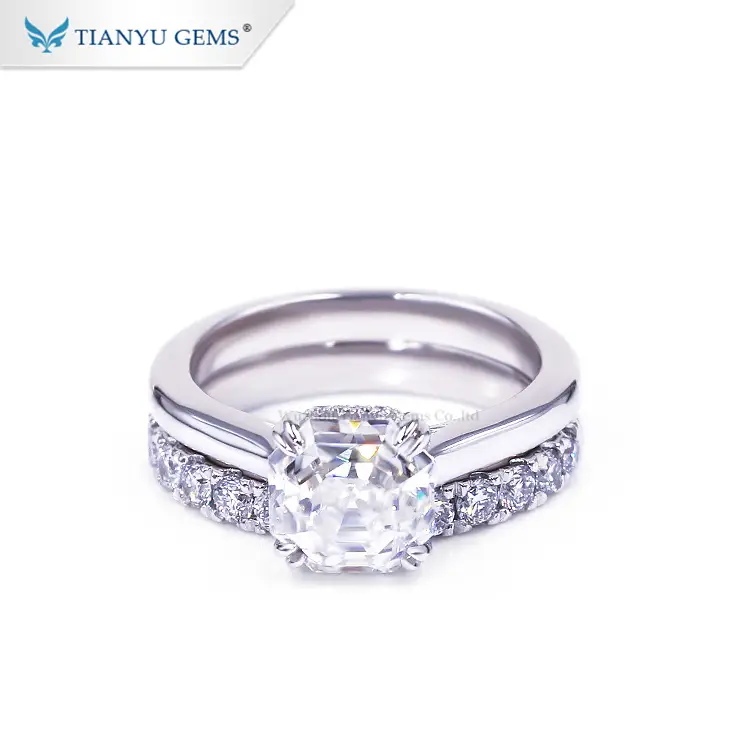 Tianyu gems 14k white gold asscher cut moissanite wedding ring set 1